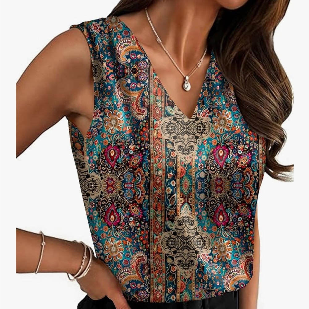 Zeagoo Vibrant Patterned Sleeveless Blouse